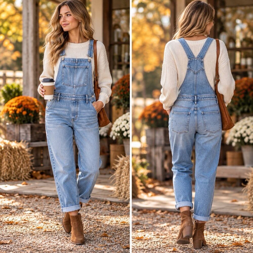American Eagle Women’s L Light Wash Denim Overalls Boyfriend Relaxed Large